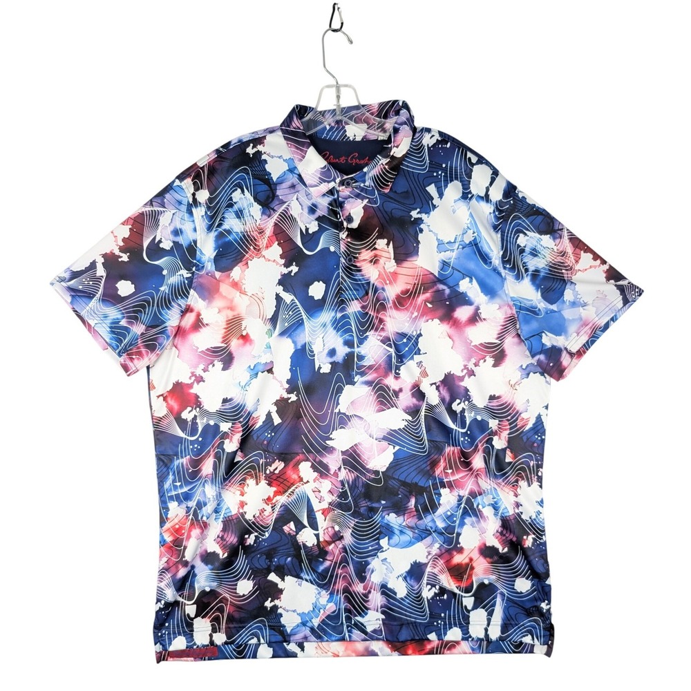 Robert Graham Rip Tide Polo Shirt Mens 2XL Blue Pink Abstract Wave Performance